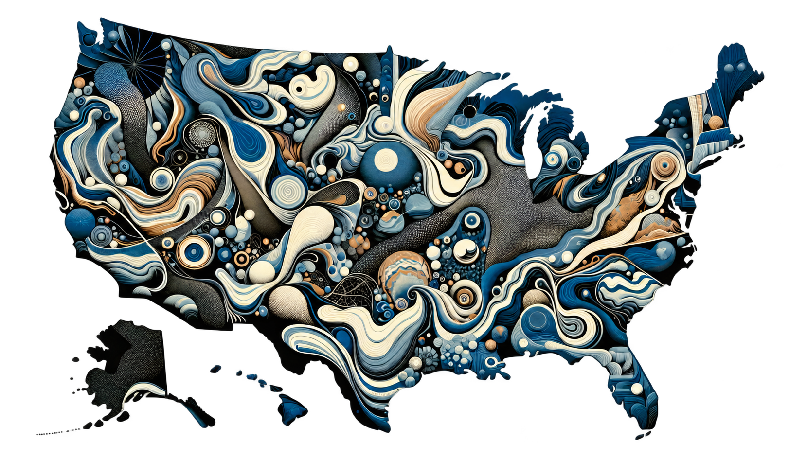 A complete illustrated map of the United States filled with ocean-inspired shells, currents, and coastal forms