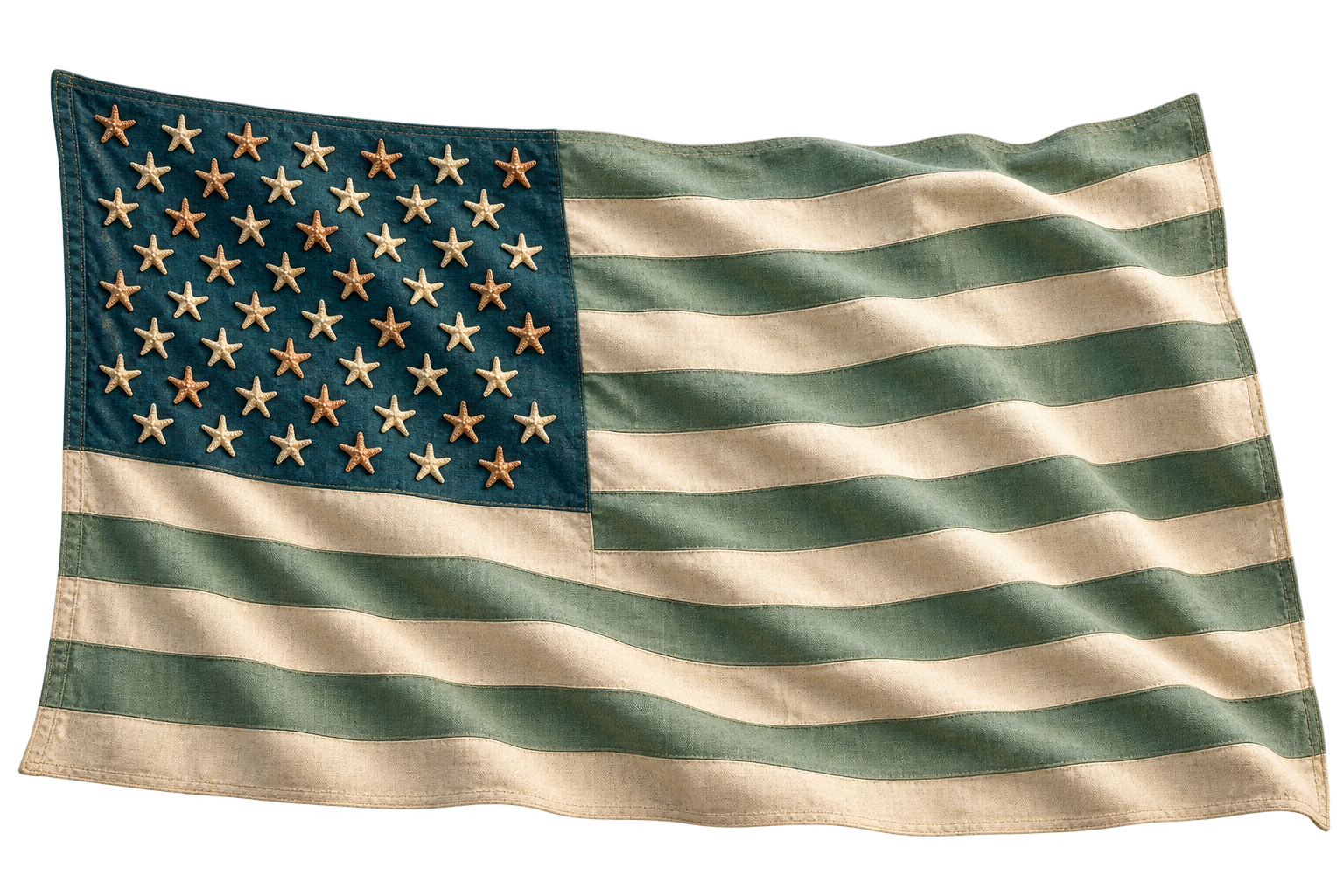 A coastal tribute flag with sea-green and sand stripes and sea stars