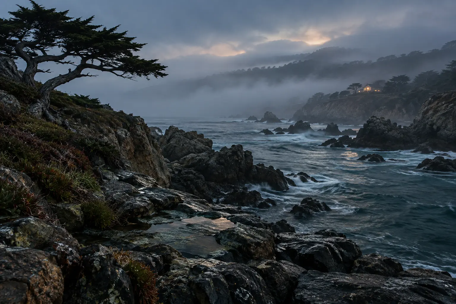 A quiet, fogbound Pacific coastline
