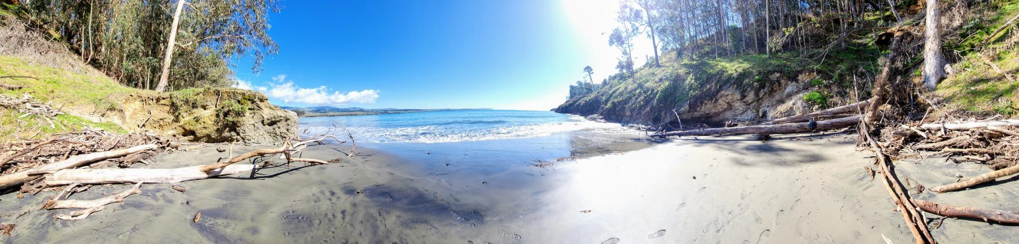 A wide view of the beach and wooded headland