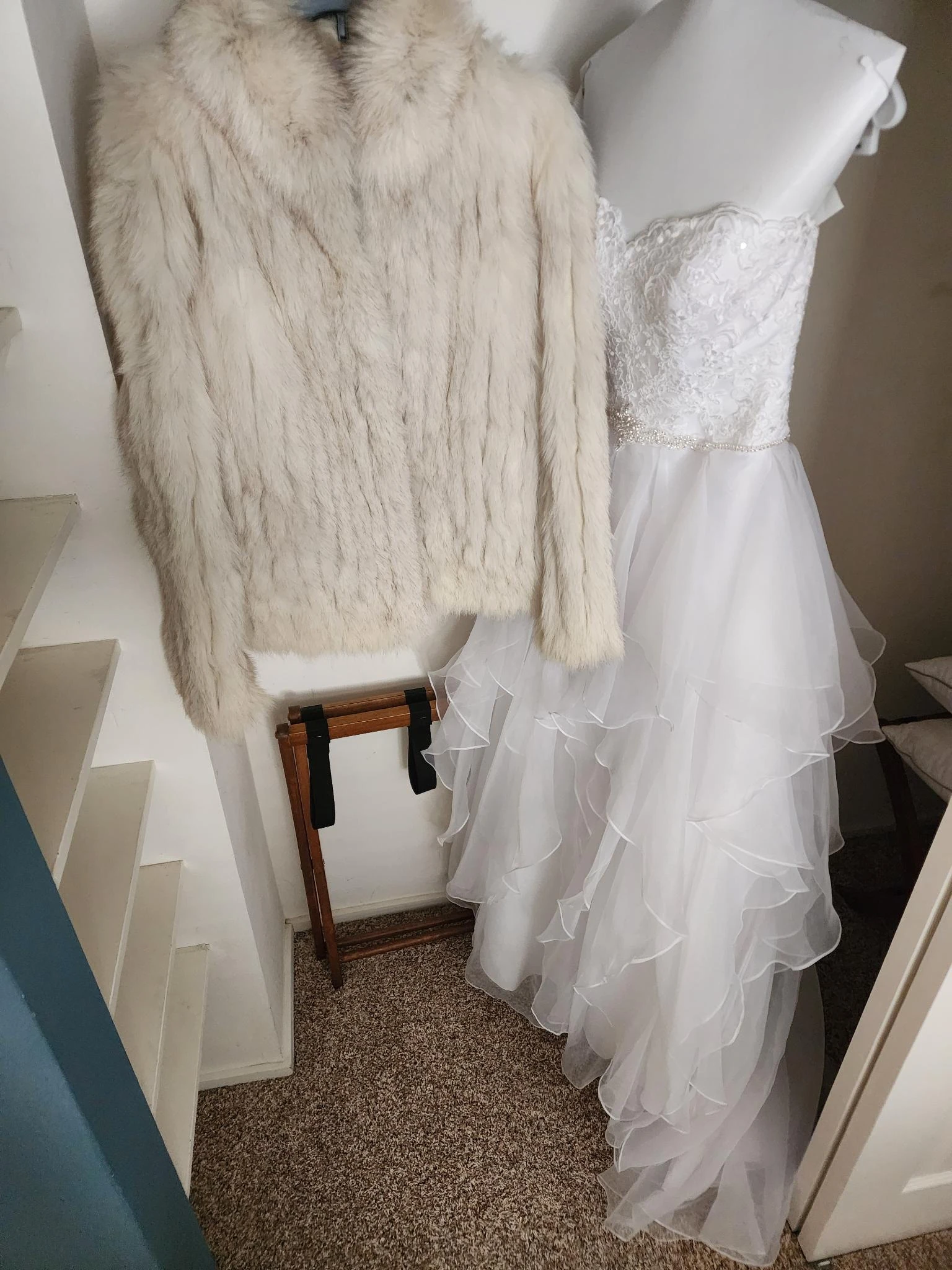 Andie’s wedding dress and wrap.