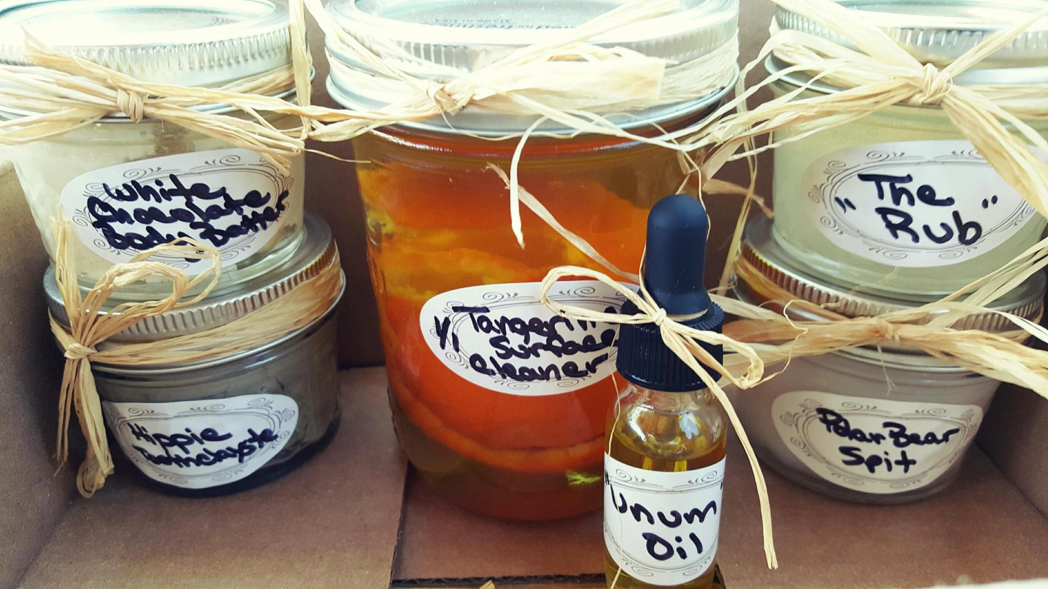 Andie’s handmade jars and bottle, including Tomorrow’s Surface Cleaner and Polarbear Spit