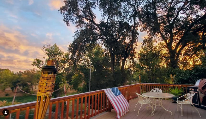 Evening light through the trees beside our river deck