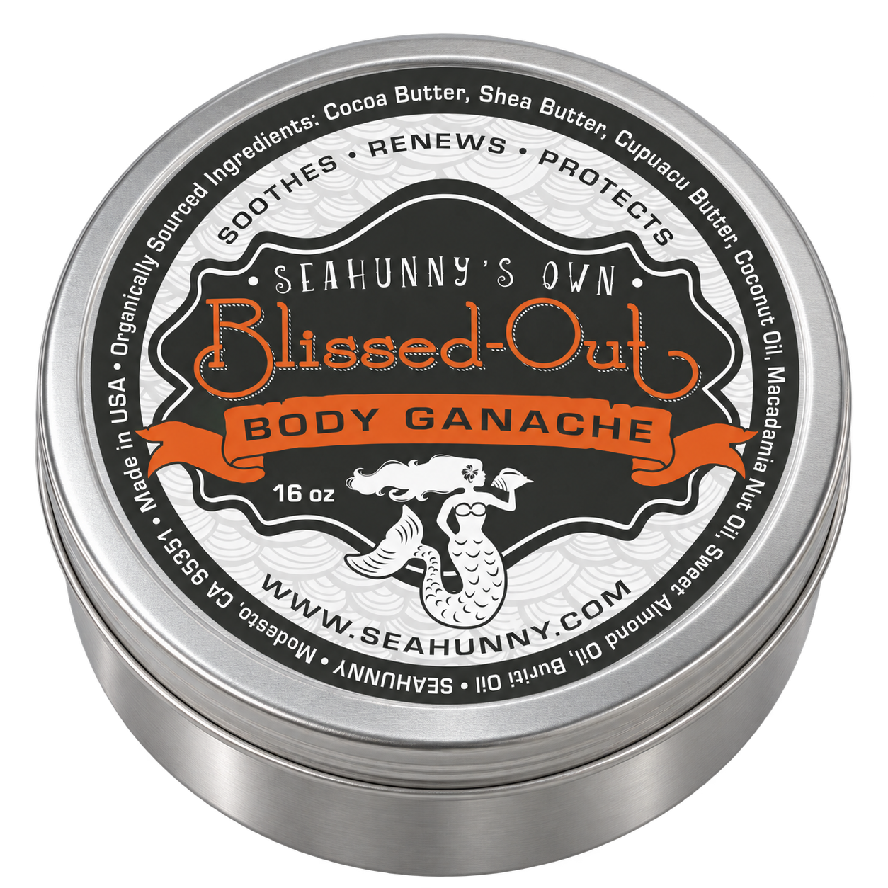 16 oz Blissed-Out silver tin with the SEAHUNNY label and white mermaid
