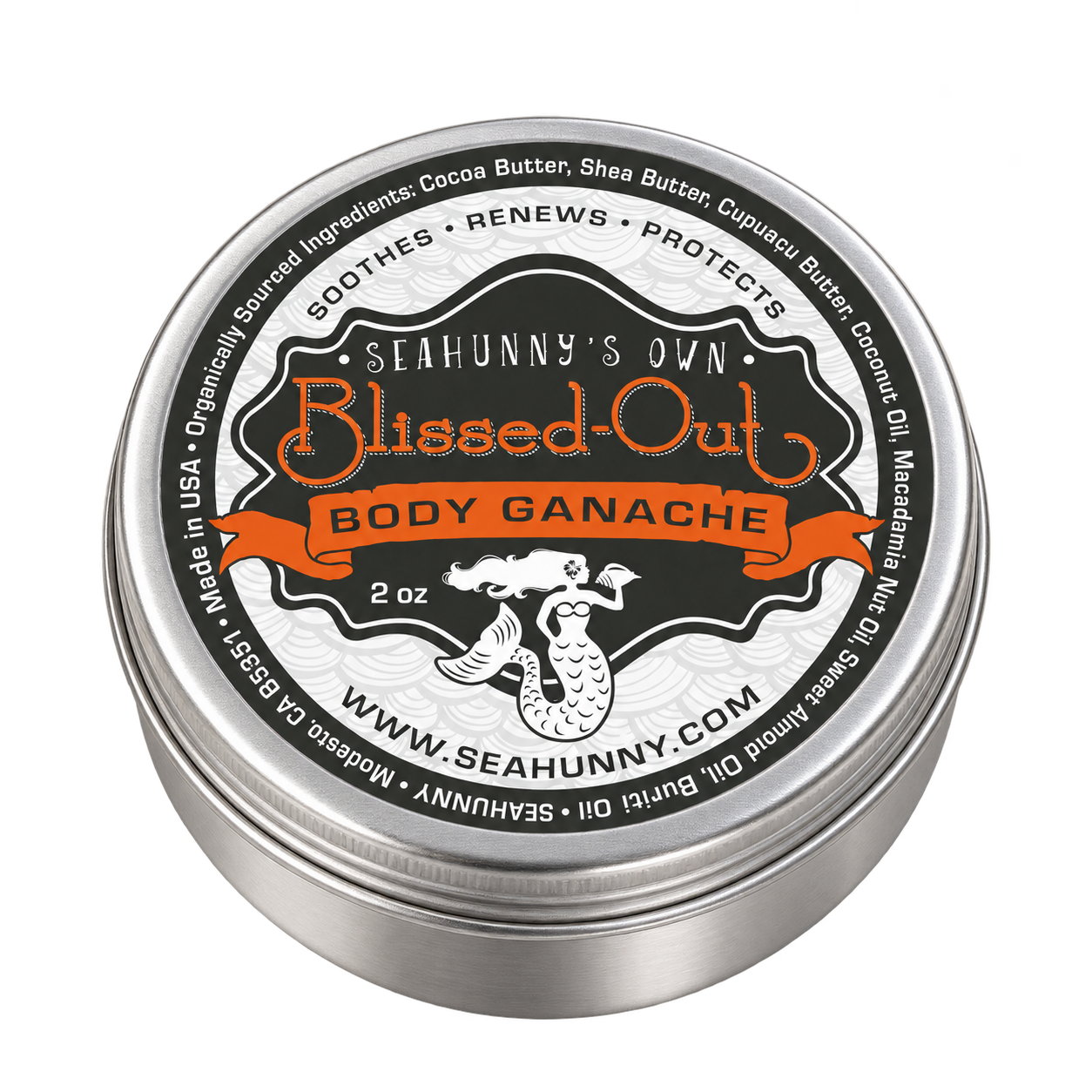 2 oz Blissed-Out silver tin with the SEAHUNNY label and white mermaid