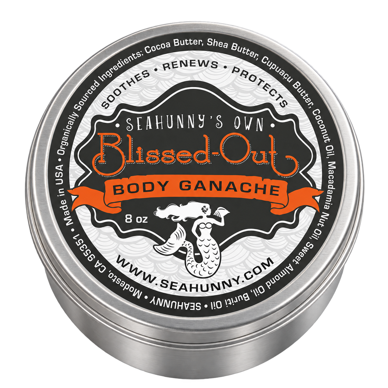 8 oz Blissed-Out silver tin with the SEAHUNNY label and white mermaid